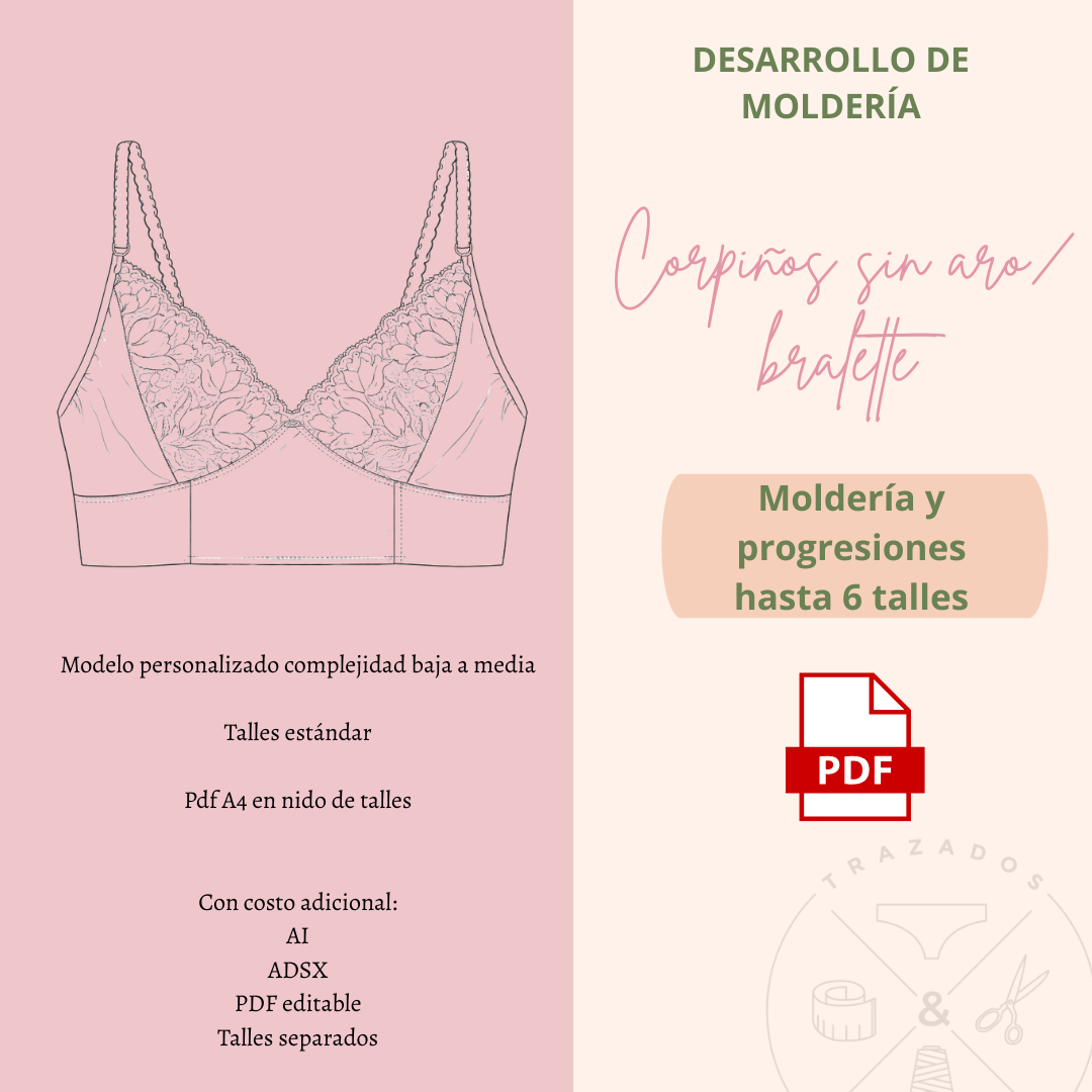 Moldería personalizada corpiños sin arco/bralette 6 talles
